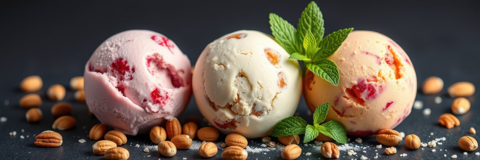 Three scoops of ice cream, one pink, one white, and one peach, sit on a black surface surrounded by almonds and mint leaves